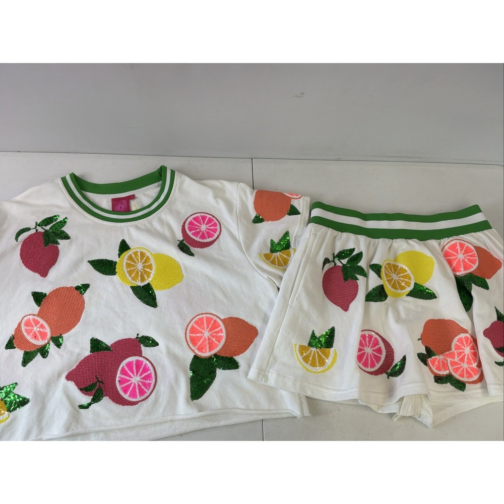 QUEEN OF SPARKLES Fruit Skirt Skort Shirt 2 Piece Set Womens Sz M Cropped Sequin